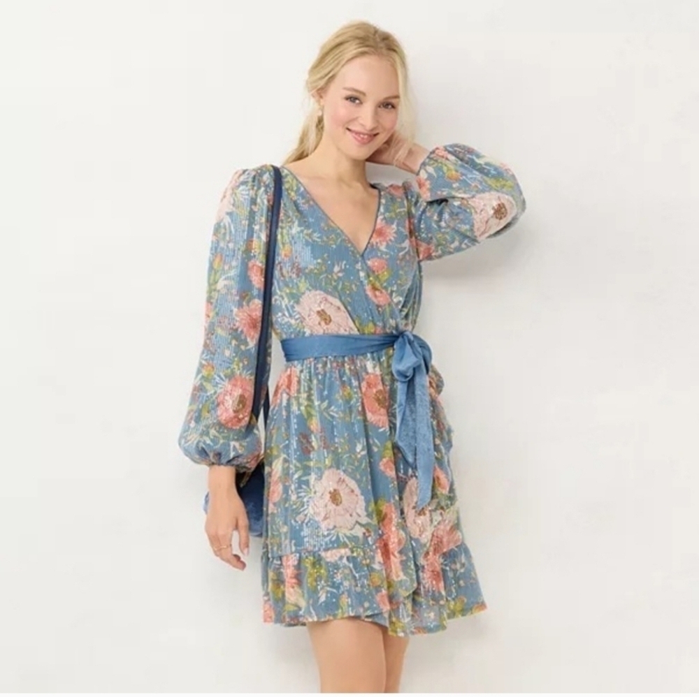 LC Lauren Conrad,Faux Wrap Fit & Flare  Sequin Dress, Blue/Multi Floral, Size XS